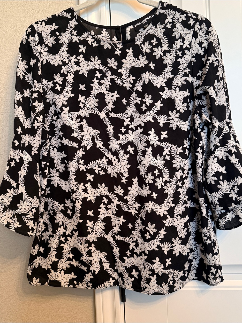 Karl Lagerfeld Black Blouse with White Floral Lace Print Size M